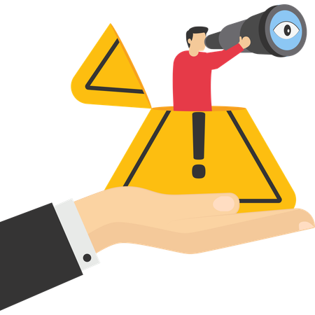 Businessman open exclamation attention sign using binoculars to identify risk  Illustration