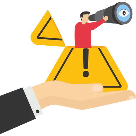 Businessman open exclamation attention sign using binoculars to identify risk  Illustration