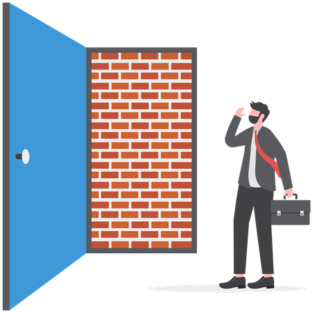 Businessman open exit door and found brick wall blocking way  Illustration