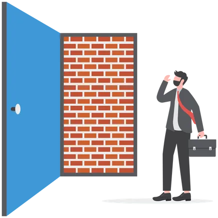 Businessman open exit door and found brick wall blocking way  Illustration