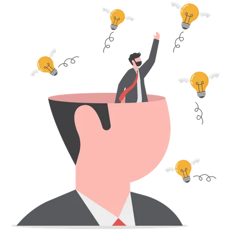 Businessman open his head to using butterfly net to cat light bulb idea  Illustration