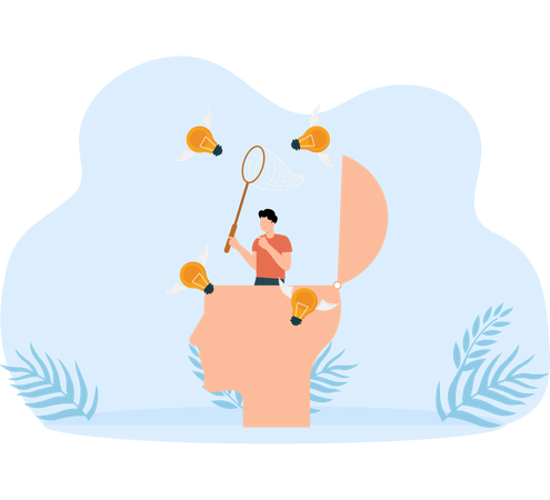 Businessman open his head to using butterfly net to cat light bulb idea  Illustration