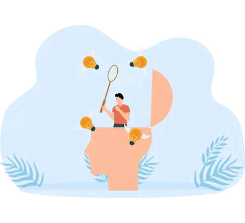 Businessman open his head to using butterfly net to cat light bulb idea  Illustration