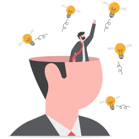 Businessman open his head to using butterfly net to cat light bulb idea  Illustration