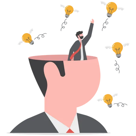 New Creative Idea Thinking Process Contemplation Or Ideation For Solution Or Innovation Development Or Learn Skills Concept Businessman Open His Head To Using Butterfly Net To Cat Light Bulb Idea Illustration