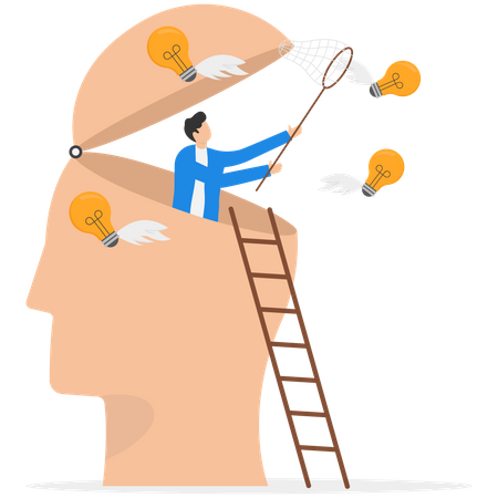 Businessman open his head to using butterfly net to catch light bulb  Illustration
