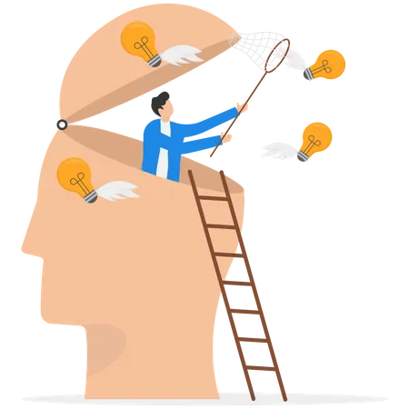 New Creative Idea Thinking Process Contemplation Or Ideation For Solution Or Innovation Development Or Learn Skills Concept Businessman Open His Head To Using Butterfly Net To Cat Light Bulb Idea Illustration