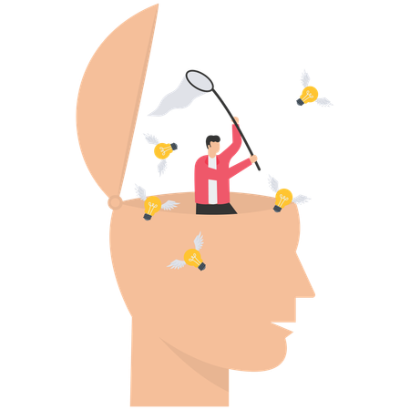 Businessman open his head to using butterfly net to catching light bulb idea  Illustration