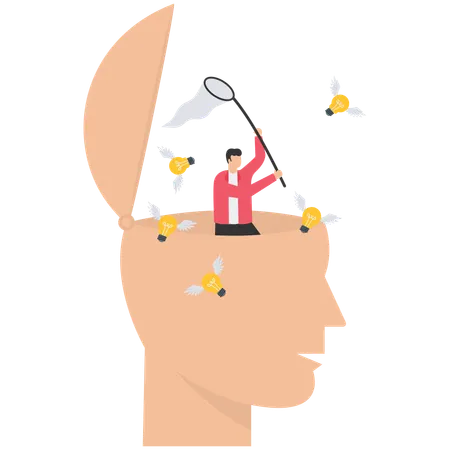 Businessman open his head to using butterfly net to catching light bulb idea  Illustration