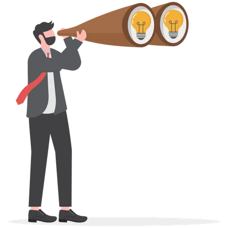 Creativity To Help See Business Opportunity Vision To Discover New Solution Or Idea Curiosity Searching For Success Concept Businessman Open Lightbulb Idea Using Binoculars To See Business Vision Illustration