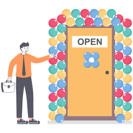 Businessmen Open A New Office Or Shop The Front Door Is Decorated With Balloons And Sign Open Vector Illustration Flat Illustration