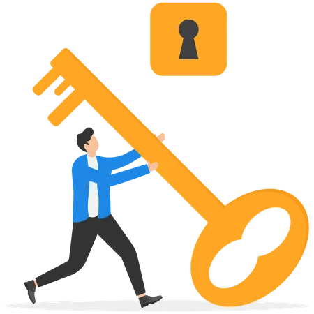 Businessman opening lock by giant key Illustration