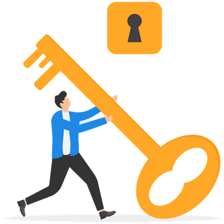 Businessman opening lock by giant key  Illustration