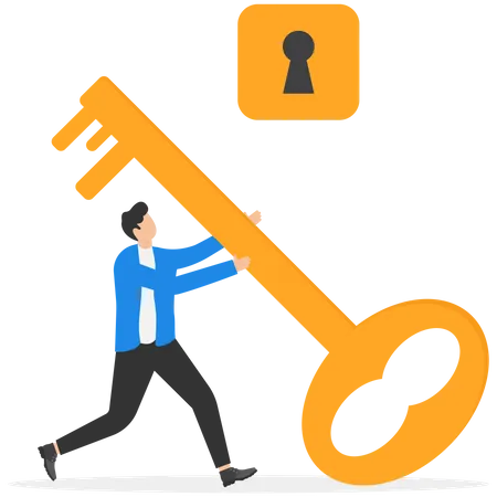 Businessman opening lock by giant key  Illustration