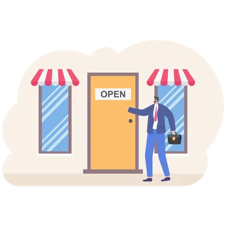 Businessman Hang A Sign Open On The Front Door Business Man Open New Office Business Store Vector Illustration Flat 일러스트레이션