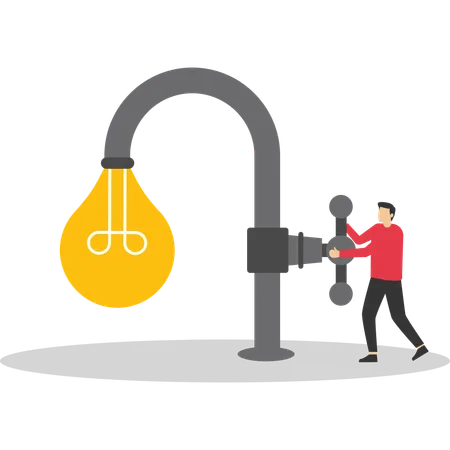 Businessman opening water tap and light bulb fall from faucet  Illustration