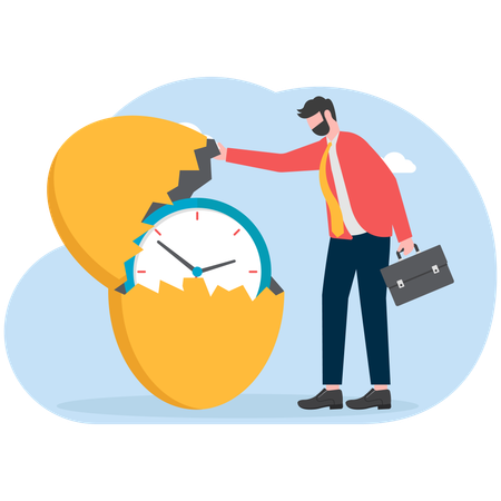 Businessman opens eggshell and finds clock  Illustration