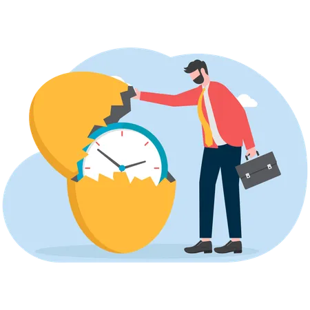 Businessman opens eggshell and finds clock  Illustration