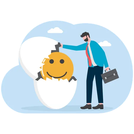 Businessman opens eggshell and finds smile emoji  Illustration