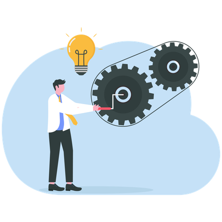 Businessman or employee twists gears of business  Illustration