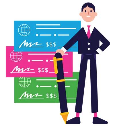 Businessman or manager signing bank cheque Illustration