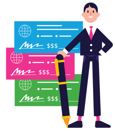 Businessman or manager signing bank cheque  Illustration