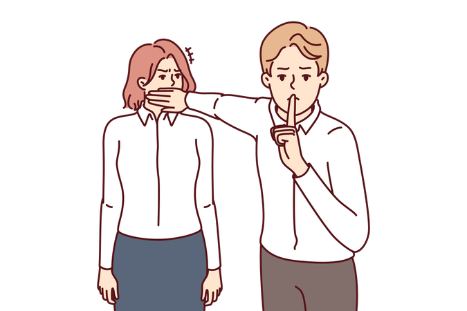 Businessman orders employee to keep her mouth shut  Illustration