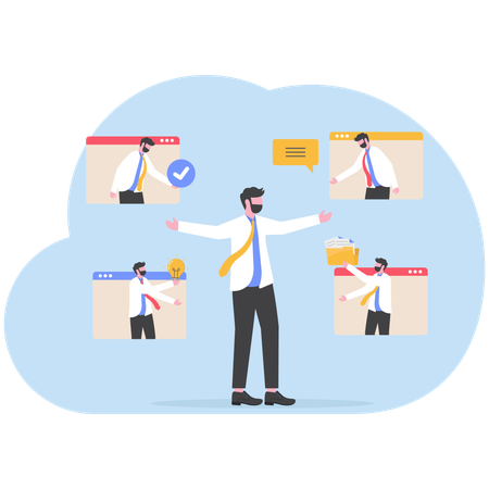 Businessman organizes employee meeting for teamwork  Illustration