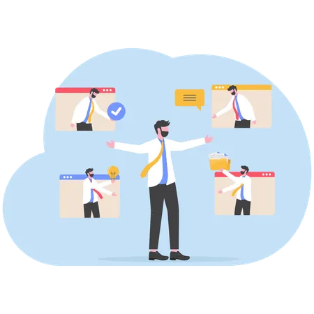 Businessman organizes employee meeting for teamwork  Illustration