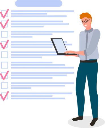 Businessman Standing With Laptop Near Big Checklist With Check Marks To Do List Time Management Scheduling Planning Concept Male Character With Checklist Task Planner Program On Computer Illustration