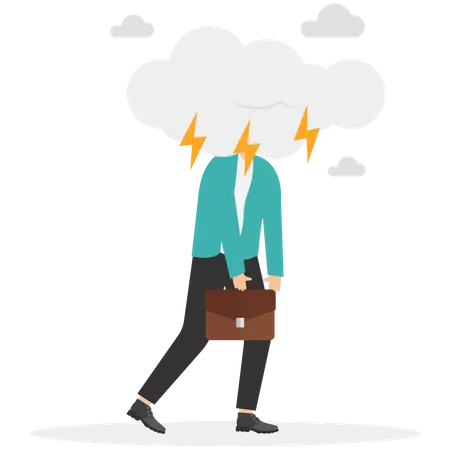 Business Problem Obstacle Or Risk To Overcome And Succeed Insurance Or Catastrophe And Disaster Business Day Concept Depressed Businessman Walking With Cloudy Thunderstorm And Rainy Around His Face Illustration