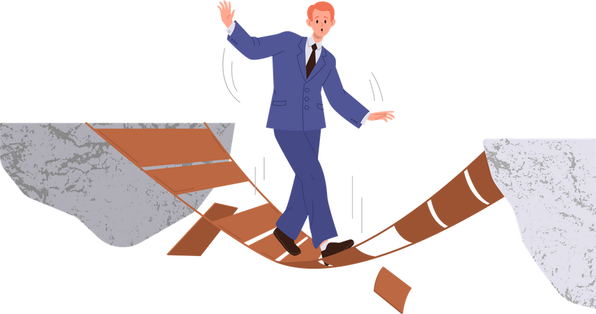 Businessman overcoming gorge walking on broken wooden bridge between rock cliff  Illustration
