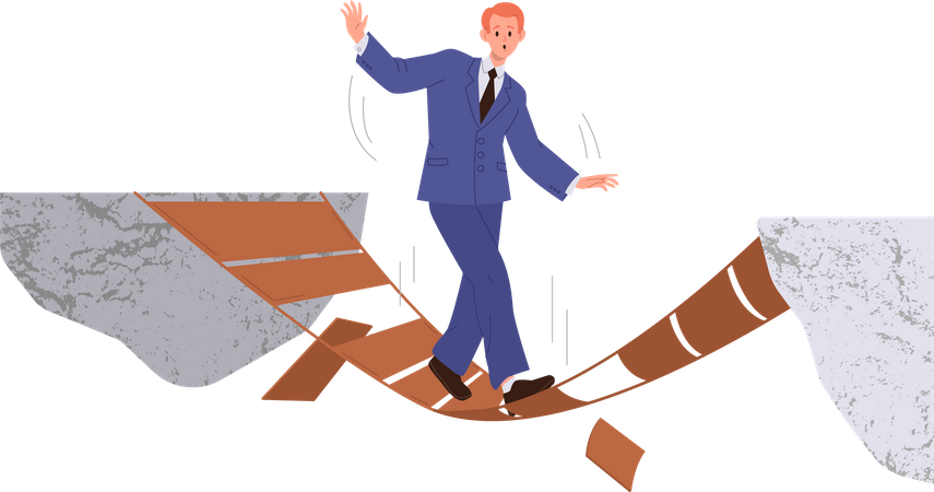 Businessman overcoming gorge walking on broken wooden bridge between rock cliff  Illustration