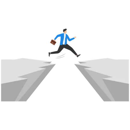 Cartoon Man In Business Suit Jumps From One Rocky Cliff To Another Overcoming Obstacles And Risk Taking Concept Illustration
