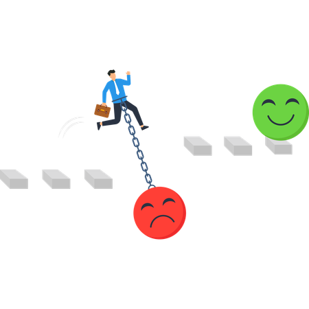 Businessman overcoming obstacles escaping negative emotion achieving success  Illustration