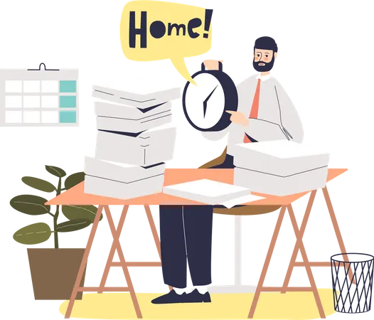 Businessman overwhelmed with paper work at workplace after end of working hours  Illustration