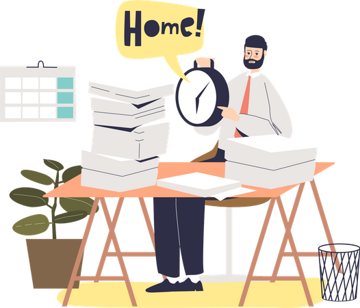 Businessman overwhelmed with paper work at workplace after end of working hours  Illustration