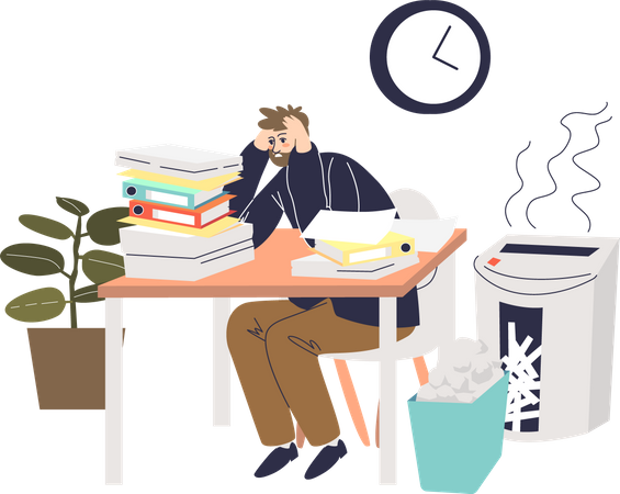 Businessman overworked with piles of documents Illustration