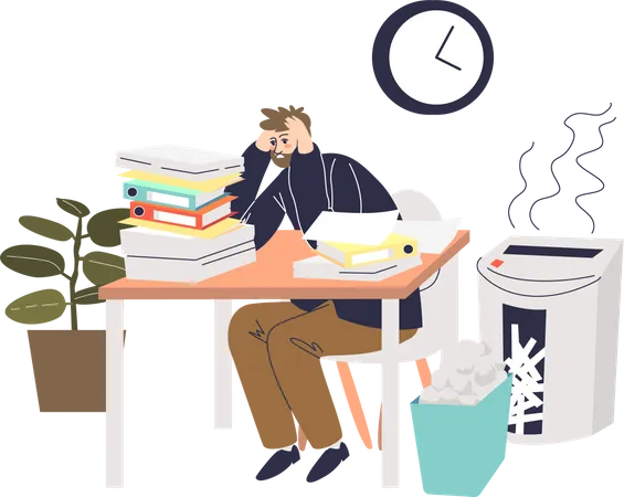 Businessman overworked with piles of documents  Illustration