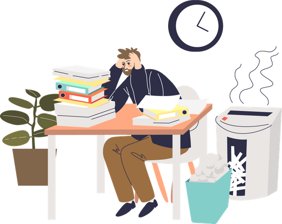 Businessman overworked with piles of documents  Illustration