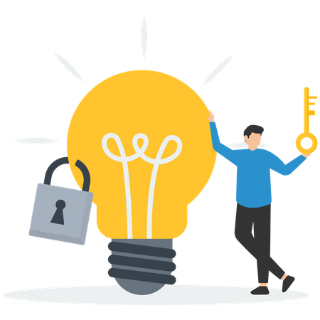 Businessman owner standing with light bulb idea locked with padlock  Illustration