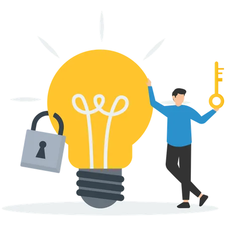 Businessman owner standing with light bulb idea locked with padlock  イラスト