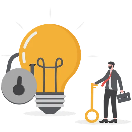 Intellectual Property Patented Protection Copyright Reserved Or Product Trademark That Cannot Copy Concept Businessman Owner Standing With Light Bulb Idea Locked With Padlock For Patents Illustration