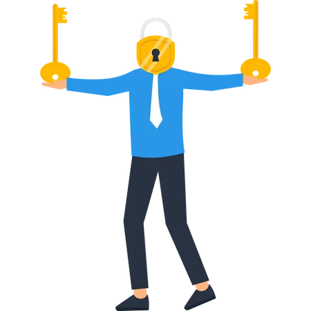 Businessman Padlock Head Holding Keys Solution Success  Illustration