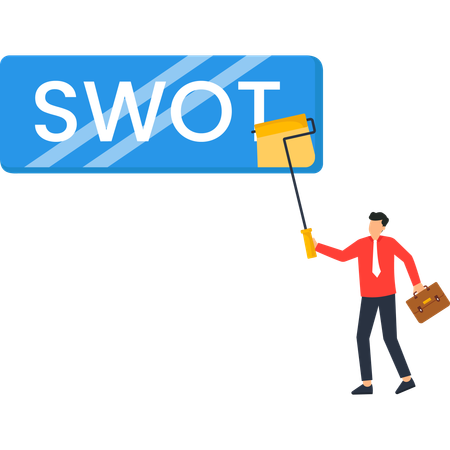 파란색 보드에 SWOT 분석을 그리는 사업가  일러스트레이션