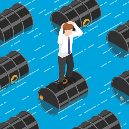 Flat 3 D Isometric Businessman Standing On Oil Barrel In The Water Oil Price Crisis And Petroleum Industry Concept Illustration