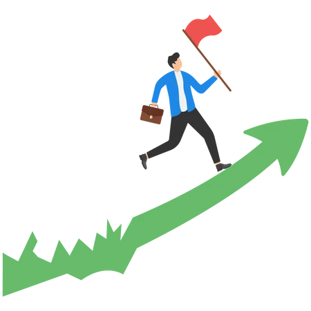 Overcoming Many Business Obstacles Until Reaching Success Entrepreneurship Concept Experienced Businessman Holding Victory Flag On Smooth Rising Graph After Passing Through Jagged Interval Illustration