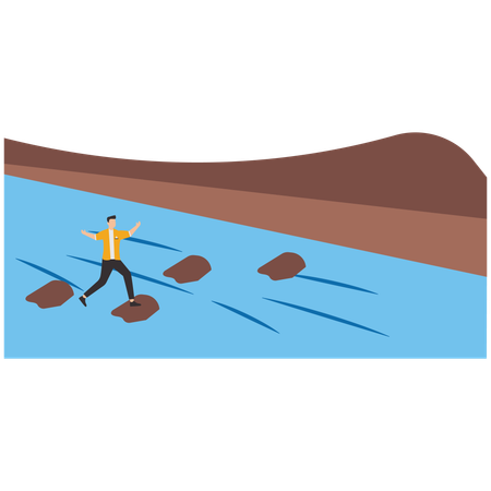 Businessman passing stones in ocean to get through it to success  Illustration