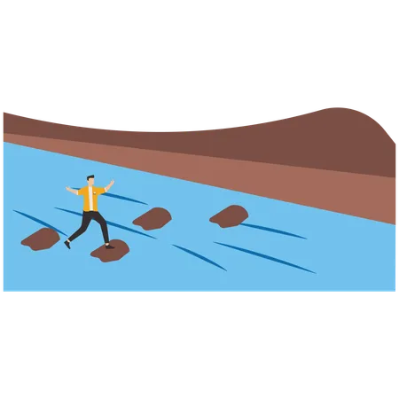 Businessman passing stones in ocean to get through it to success  Illustration