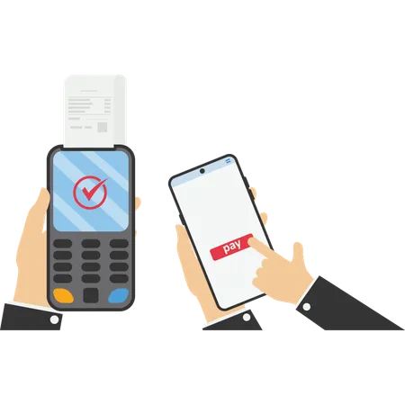 Mobil Payment Concept Human Hand Holds Mobile Phone New POS Terminal And Height Technology Smartphone With Nfc Near Field Communication Payment Completed Approved Checkmark Illustration